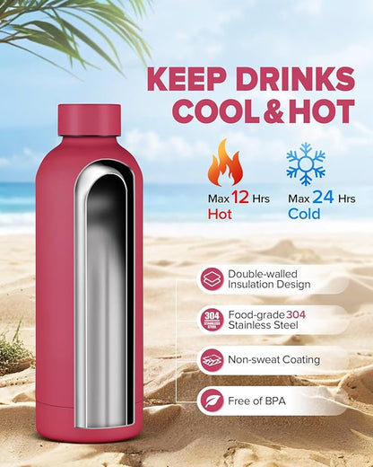 Insulated Water Bottle with Lid, 17 oz Reusable Leak-Proof Metal Stainless Steel Water Bottles for Travel, Sports, Gym, Outdoor (Brick Red)