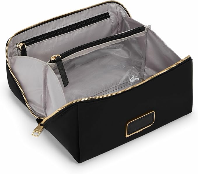 TUMI - Voyageur Dallas Cosmetic Bag - Lay-Flat Travel Makeup Organizer - Packable Travel Kit - Black with Gold Hardware