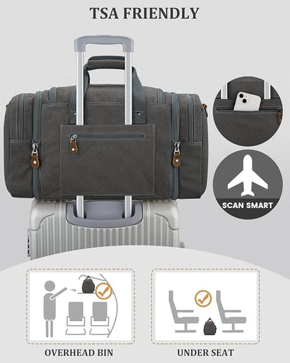 Gonex Canvas Duffle Bag for Travel, Expandable Water Resistant 50L Carry on Duffel Overnight Weekender Gym Bag with Wet Dry Separation Pocket & Suitcase Handle Sleeve, Grey