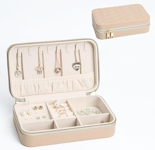 Leather Jewelry Box Elegant Small Jewelry Case for Women Gift Box for Necklace, Ring, Earring Storage Portable Design for Travel & Home Use Apricot