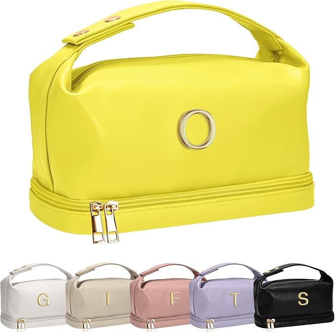 Gifts With Initials for Women, Personalized Makeup Bag with Handle, Initial Double Layer Cosmetic Bag with Makeup Brush Organizer, Cute Cosmetic Pouch for Women, Gifts for Friends Female