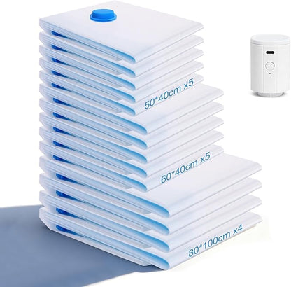 Owfeel 14 Pack Travel Vacuum Bags With Wireless Pump, Portable Compression Bags for Travel, Space Saver Vacuum Seal Bags for Clothing, Luggage, Pillows, Comforters, Reusable & Durable (14 PCS)