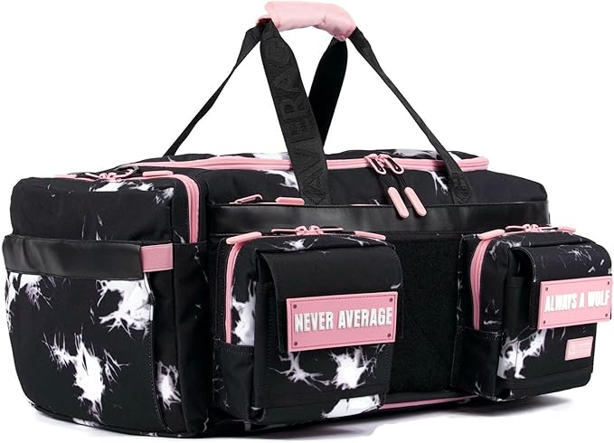 WOLFpak Ultimate 40L Gym & Travel Duffle Bag | Heavy-Duty Gear Bag w/Durable Waterproof 1000D Oxford Material | Hard Shell Base, Laptop Sleeve, Custom Patch Options | (Black Lightning Knockout Pink)