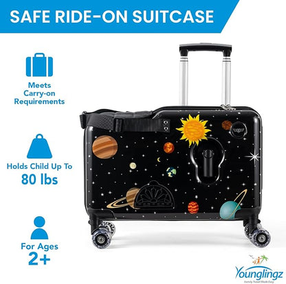 Younglingz LIL FLYER GO Version 2 Ride On Suitcase for Kids | Carry On Luggage with Toddler Seat, Foldable Handlebars, Pedals, and Removable Wheels | Holds up to 80 lbs | SPACE | Ages 2-6