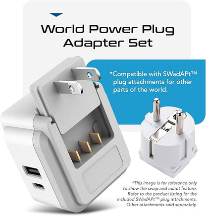 Ceptics World Power Plug Adapter Set, Dual USB & USB-C 3.1A, 20W with QC-PD, 2 USA Outlet Compact & Powerful, Use In Europe, Asia, Australia, Japan, Includes Type A, B, C, E/F, G, I SWadAPt Attachment