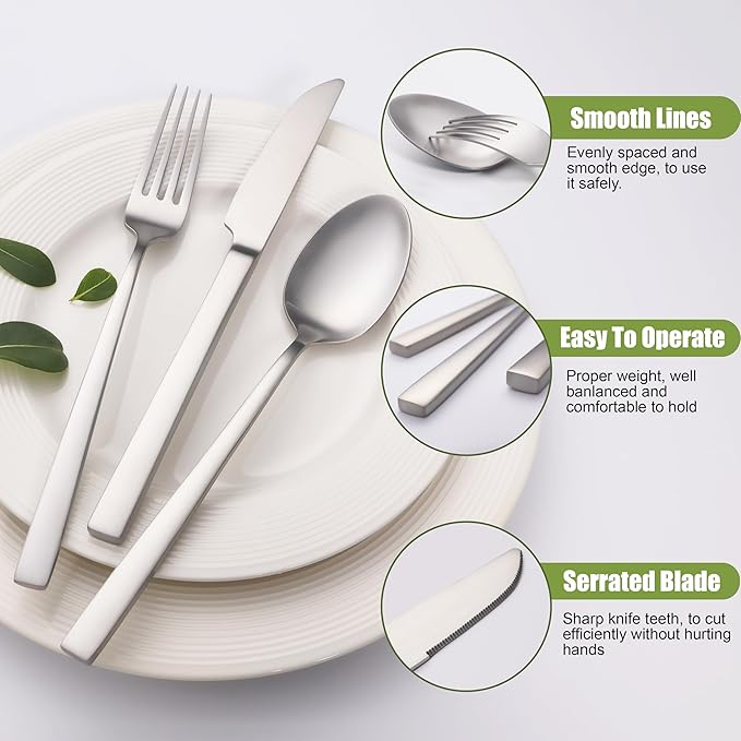 Forged Silverware Set for 8, 40-Piece Stainless Steel Matte Satin Finish Flatware Set Silverware Cutlery Set Tableware Modern Kitchen Utensils Set for Home Restaurant, Dishwasher Safe