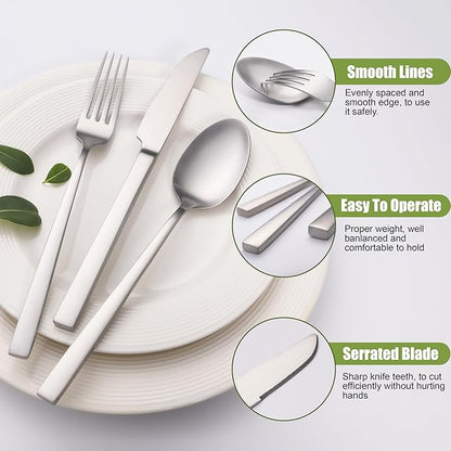 Forged Silverware Set for 8, 40-Piece Stainless Steel Matte Satin Finish Flatware Set Silverware Cutlery Set Tableware Modern Kitchen Utensils Set for Home Restaurant, Dishwasher Safe