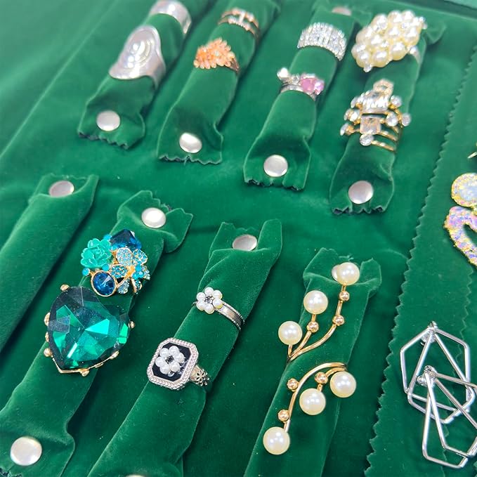 UnionPlus Velvet Travel Jewelry Case Roll Bag Organizer for Necklace Bracelet Earrings Ring, 6 PVC Pockets, Blackish Green Upgrade Version