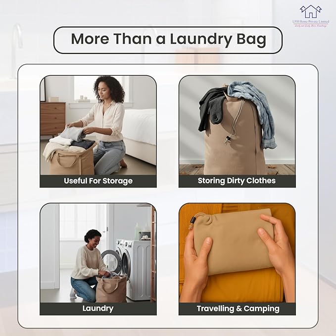 LFH Home Cotton Canvas Large Laundry Bag with Handle, Heavy Duty Drawstring Closure Washable Laundry Bags, School Travel, Home, Hotel, College Dorm, Organizer Sack, Toys Clothes 24x36-Beige