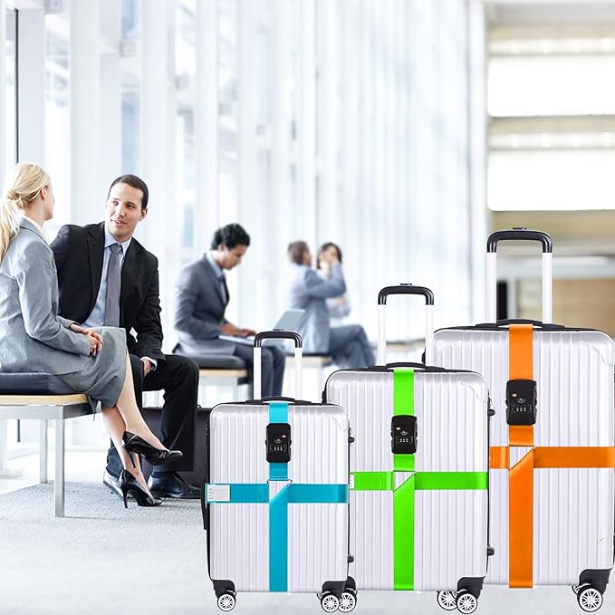 Luggage Straps for Suitcases TSA Approved Heavy Duty Adjustable Travel Belt Cross Suitcase Belts Luggage Tags with Name ID Card Travel Accessories Fit for 20-32 Inch Suitcase (Orange)