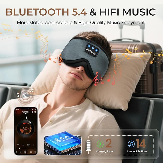 Sleep mask Headphones,100% Blackout 3D Zero Eye Pressure Bluetooth Sleep mask Breathable Eye mask with Bluetooth Headphones Sleep Headphones for Side Sleepers, 14H Playtime&Bluetooth 5.4 Grey