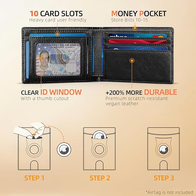 RUNBOX AirTag-Wallet-Mens-Slim-RFID Blocking Wallets Leather with Bill Compartment Air Tag Bifold Card Holder Wallet Gifts for Men Dad