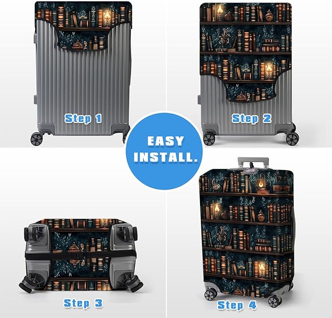 Luggage Cover Protector for 30-32 Inch Suitcases, TSA Approved Elastic Travel Suitcase Covers, Anti-Scratch Washable Luggage Sleeve for Carry On & Checked Bags, Drawn Bookshelv