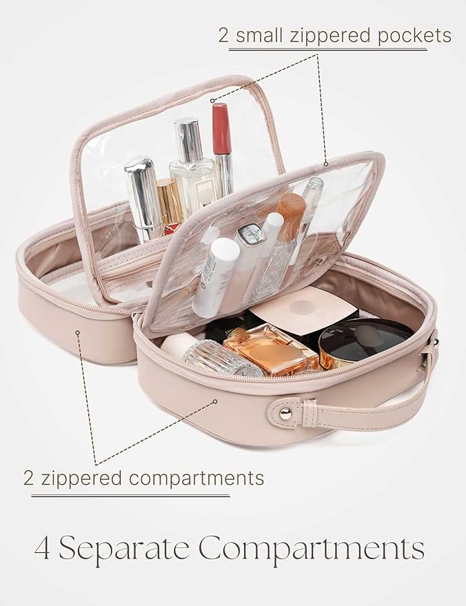 Clear Cosmetic Bag Double Layer 4 Compartments Travel Toiletry Bag Clear Makeup Bag Case with Zipper Transparent Travel Bag for Toiletries, Gift for Women Girls (Taupe, Small)