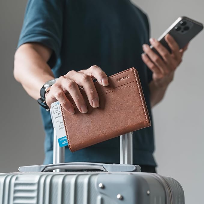 VULKIT Passport Holder for Travel, Rfid Blocking Passport Cover, Slim Travel Wallet for Men & Women, Cognac Brown