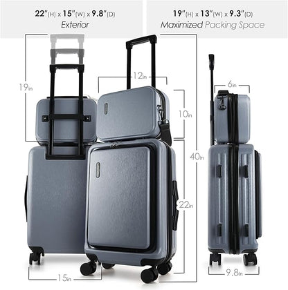 20 Inch Carry On Luggage 22x14x9 Airline Approved, Carry On Suitcase with Wheels, Hard-shell Carry-on Luggage, Durable Luggage Carry-On, Grey Small Suitcase with Cosmetic Case