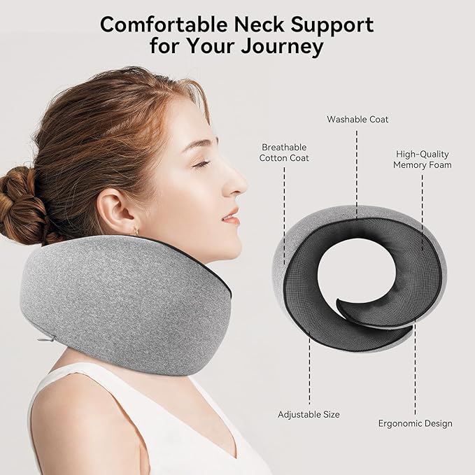Travel Pillow, 100% Pure Memory Foam Neck Pillow for Airplanes, Comfortable Breathable Cover, Travel Essentials for Plane, Car, Train and Home, Gray