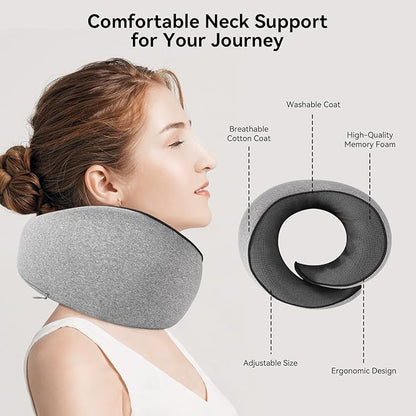 Travel Pillow, 100% Pure Memory Foam Neck Pillow for Airplanes, Comfortable Breathable Cover, Travel Essentials for Plane, Car, Train and Home, Gray