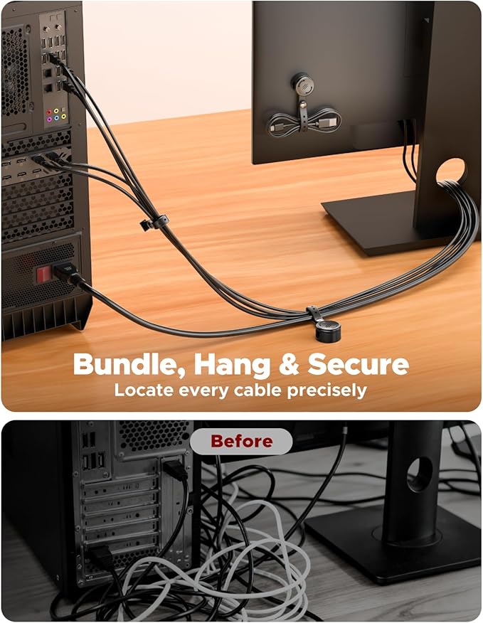 8 Pack Cord Organizer Clips with Silicone Cable Ties [2 in 1], Magnetic Cable Organizer [Smooth Adjustable & 1s Lock], Strong Adhesive Cord Holder Wire Organizer Keeper for Nightstand Desk