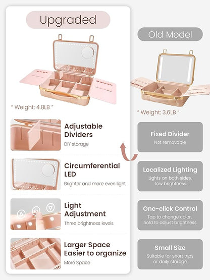 ROWNYEON Travel Makeup Case with Light-Up Mirror & Removable Divider - Portable Train Case Organizer for Girls, Makeup Artist & Hairstylist - 10x Mirror (Pink)