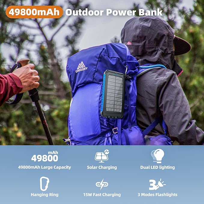 Solar Charger Power Bank 49800mAh - Portable Fast Charging Power Bank with Type-C & Dual USB Ports, Compatible with iPhone, Samsung & More, Waterproof Solar Panel for Camping, Hiking, and Outdoor Use