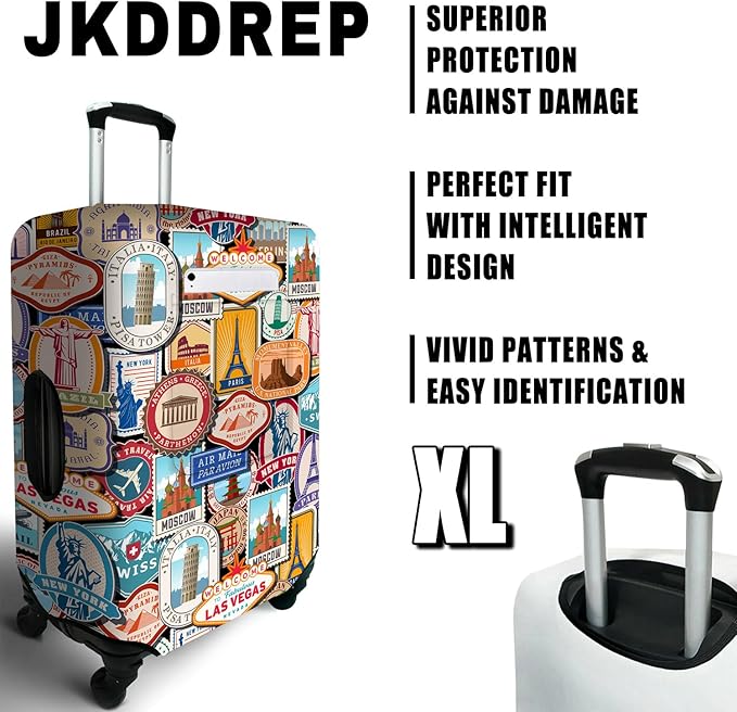 Landmark Sticker Travel Luggage Cover, Travel-Themed Suitcase Protector Stretchable, Washable Travel Suitcase Cover (XL for 29-32 Inch Luggage)