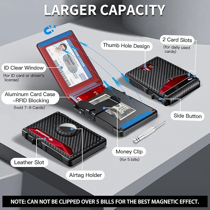 Airtag Wallet for Men, Mens Smart Wallet for Air Tag RFID Blocking, Minimalist Bifold Pop Up Aluminum Credit Card Case Holder 12+ Cards with ID Window, Gift for Men, No Airtag Included, Carbon Red