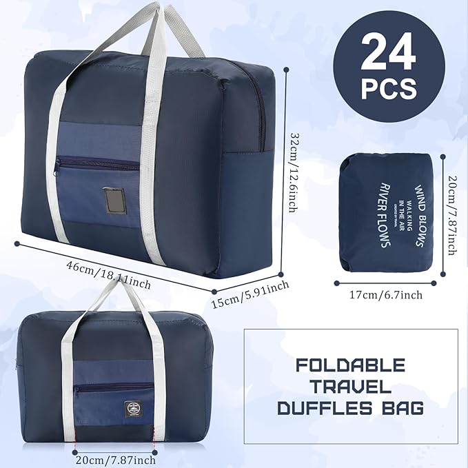 Sweetude 24 Pcs Travel Duffel Bags Bulk Foldable Luggage Bag Women Men Waterproof Carry Tote with Trolley Sleeve for Gym, Overnight, Airlines(Navy Blue)