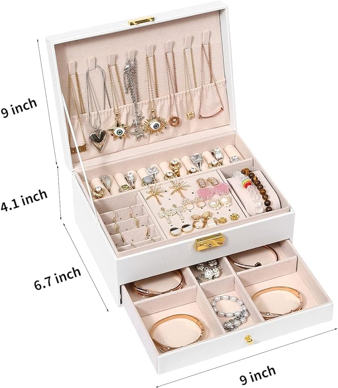GUOER Jewelry Box for Women Girl Wife - Large PU Leather Jewelry Organizer Storage Case with Two Layers Display for Earrings Bracelets Rings Watches (White)