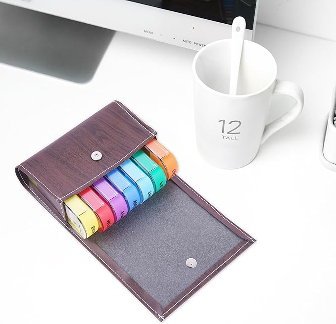 Pill Organizer,LIZIMANDU Weekly Travel Pill Case Box Medication Reminder Daily AM PM, Day Night 7 Compartments,for 4 Times A Day, 7 Days a Week-Includes Leather PU Carrying Case(1-Wood-Dark Brown)