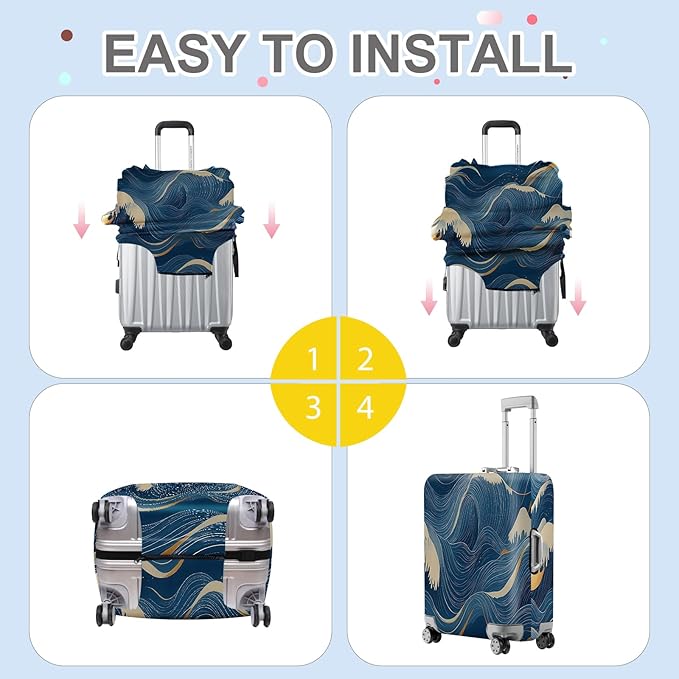 ANNA QUEEN Ocean Wave Luggage Cover, Elegant Blue Flow Line Design Suitcase Protector, Washable Stretchable Travel Sleeve for 20-22 Inch Luggage