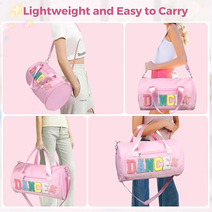 Dance Bag for Girls, KUIRAN 23L Waterproof Travel Duffel Bag with Colorful Chenille Letter, Lightweight Small Gym Sport Ballet Bag with Large Main Compartment 15"Lx9"Wx9"H - Light Pink