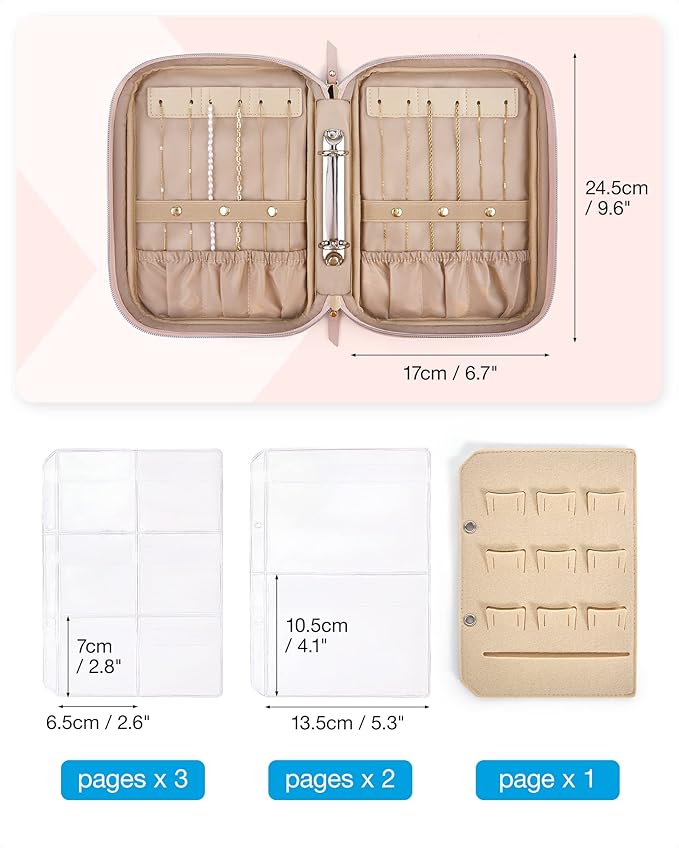 BAGSMART Large Jewelry Travel Organizer Case for Home Jewelry Organizer Storage Ring Binder Jewelry Bags Clear Jewelry Rolls Zipper Pouch Bag for Necklaces, Earrings, Rings, Bracelets, Pink