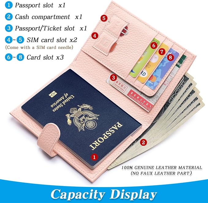 Passport Holder for Travel Women RFID Blocking Genuine Leather Passport Wallet with Card Slots, Zipper Coins Pocket, Cash Holder, Pink