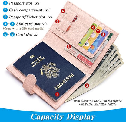 Passport Holder for Travel Women RFID Blocking Genuine Leather Passport Wallet with Card Slots, Zipper Coins Pocket, Cash Holder, Pink