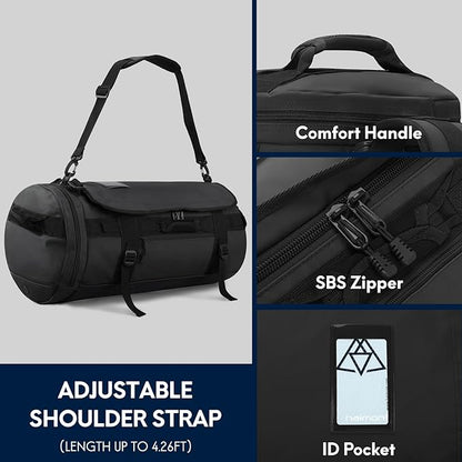 Haimont Duffle Backpack, Travel Duffel Bag with Shoes Compartment, Water-resistant Overnight Daybags for Men Women Daily Trip, Sports Gear, Gym, 45L, Black
