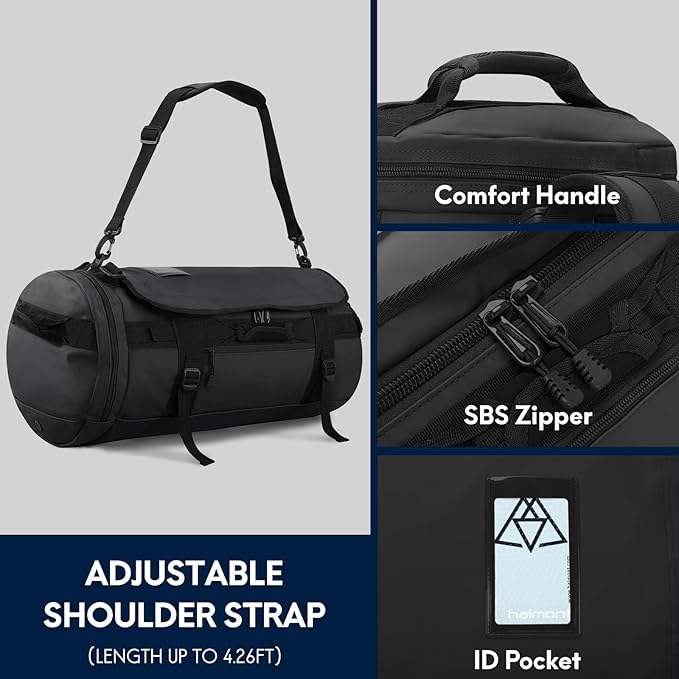 Haimont Large Duffle Backpack Bag for Men, Long Travel Duffel with Backpack Straps, Heavy Duty Back Packs with Shoes Compartment, Water-resistant, 90L, Black