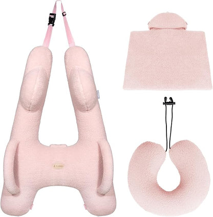 FLORICH Car Sleeping Travel Pillow for Kids, Kids Travel Pillow Removable H-Shaped Pillow for Adults and Children to Support Head and Body Road Trips with Neck Pillow and Blanket (Pink)