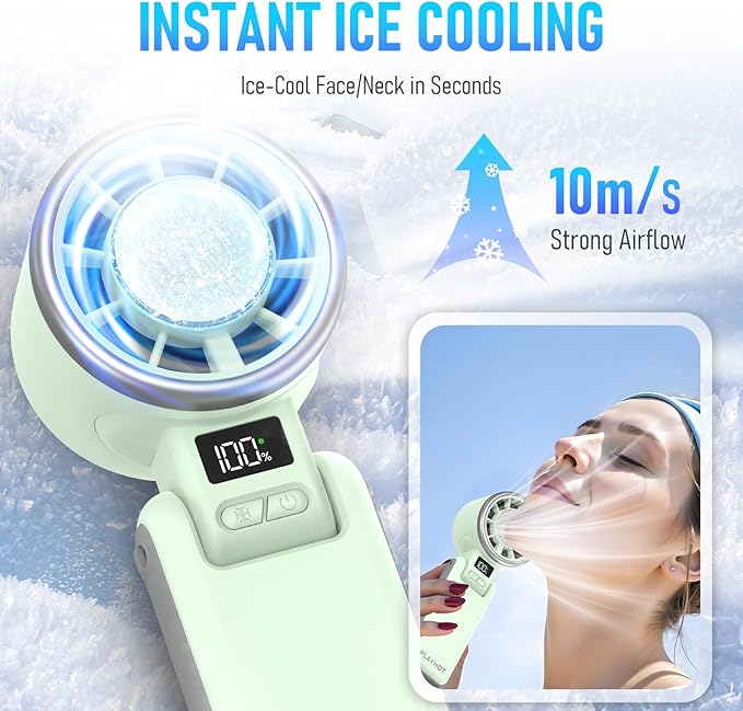 Portable Handheld Turbo Fan with Ice Cooling, Rechargeable Personal Fan, Up tp 12Hrs Cooling, 5 Speed 25550RPM Powerful Portable Fan for Travel, Outdoor, Camping, Hiking (Green)