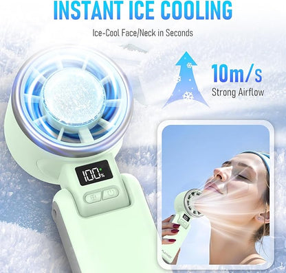 Portable Handheld Turbo Fan with Ice Cooling, Rechargeable Personal Fan, Up tp 12Hrs Cooling, 5 Speed 25550RPM Powerful Portable Fan for Travel, Outdoor, Camping, Hiking (Green)