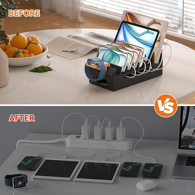 Pezin & Hulin Bamboo Charging Station with Watch Stand, Docking Holder for Multi Device with 5 Port USB Charger HUB, 5 Charge Cables, Desktop Electronic Organizer for Cellphone, Tablet, Watch-Black