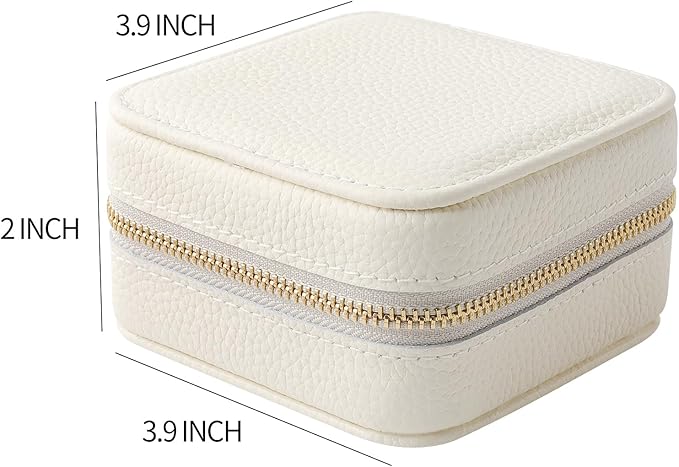 Genuine Leather Travel Jewelry Case Organizer with Mirror for Women, Small Jewelry Box Portable Mini Jewelry Case for Earring, Ring, Necklace, Bracelet（Lychee Grain Ivory White）
