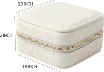 Genuine Leather Travel Jewelry Case Organizer with Mirror for Women, Small Jewelry Box Portable Mini Jewelry Case for Earring, Ring, Necklace, Bracelet（Lychee Grain Ivory White）