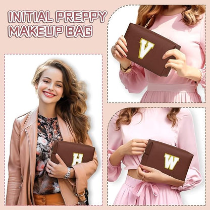 TOPEAST Preppy Stuff for Girls, Initial Makeup Bag Chenille Letter Pouch Cosmetic Bag with Zipper, PU Leather Waterproof Toiletry Bag, Cute Stuff Birthday Gift for Friends Sister (Brown T)