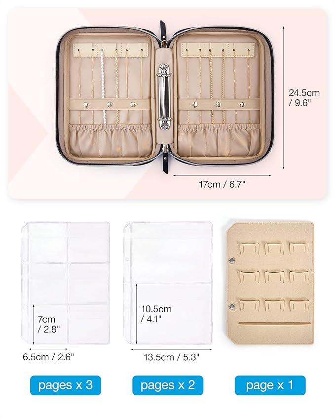 BAGSMART Jewelry Travel Organizer Case for Home Jewelry Organizer Storage Ring Binder Clear Bags Zipper Rolls Pouch for Necklaces, Earrings, Rings, Bracelets, Black