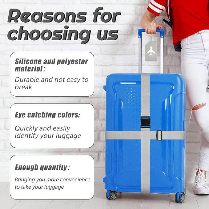 Weewooday 8 Pcs Luggage Straps Suitcase Tags Set for TSA Approved, 4 Travel Adjustable Suitcase Belt, 4 Silicone Luggage Tags with Name ID Card Travel Accessories(Light Gray,Airplane)