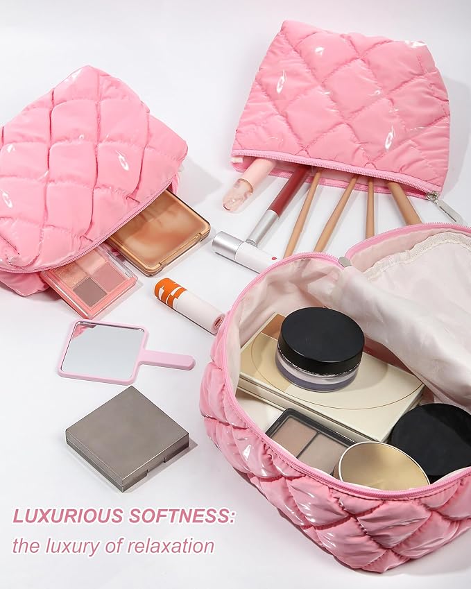 Travel Makeup Bag for Women, Large Waterproof Cosmetic Organizer with 3-piece Set, Toiletry Bag for Gym/College/Gifts | Cute Aesthetic Design (Pink)