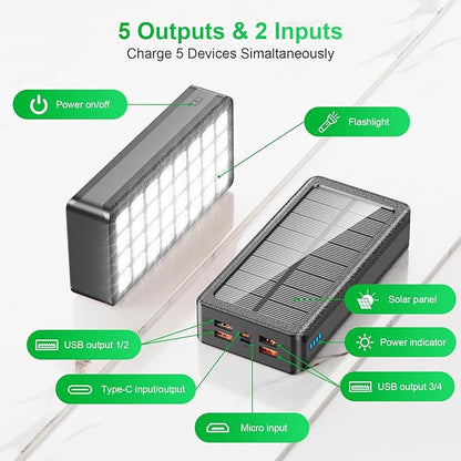 Solar Charger Power Bank 66800mAh Portable Charger with USB-C in/Output 22.5W QC3.0 Fast Charging 5 Out Ports Battery Pack Built-in 32 Led Flashlights for iPhone Samsung Tablet Camping