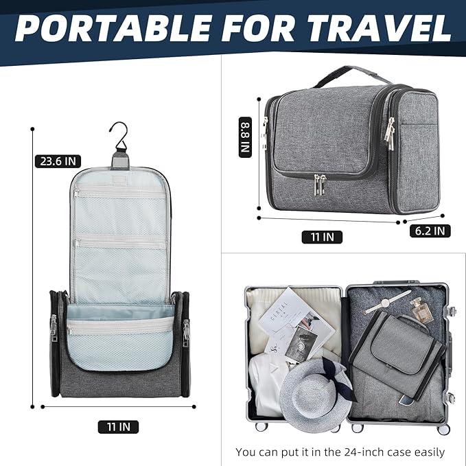 Buruis Large Toiletry Bag for Women and Men, Hanging Travel Bag for Makeup, Cosmetics, Shaving, Toiletries, Water-Resistant Dopp Kit for Gym, Camping, or Daily Use, Oxford Gray