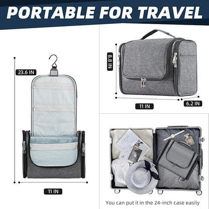 Buruis Large Toiletry Bag for Women and Men, Hanging Travel Bag for Makeup, Cosmetics, Shaving, Toiletries, Water-Resistant Dopp Kit for Gym, Camping, or Daily Use, Oxford Gray